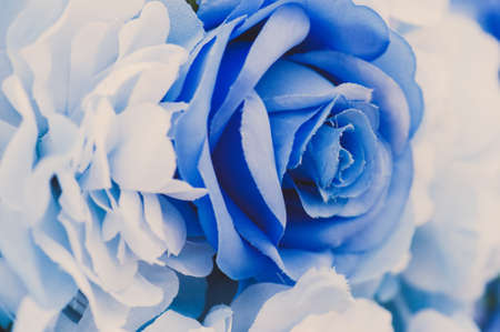Blue fake flowers background. Close up, texture. Toned.の写真素材