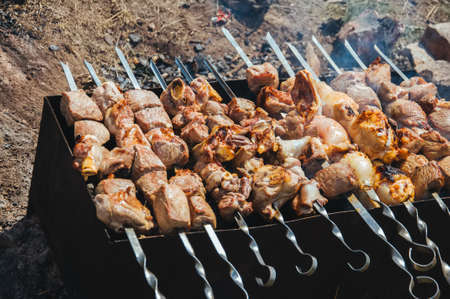 Barbecue grill with various kinds of meat, close-up. Party on picnic.の写真素材