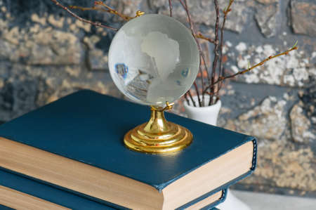 Stack of old books, branches in vase, glass globe, grunge brick backgroundの写真素材