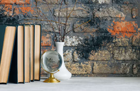 Stack of old books, branches in vase, glass globe, grunge brick backgroundの写真素材