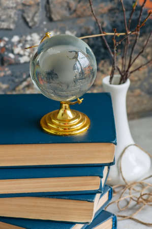 Stack of old books, branches in vase, glass globe, grunge brick backgroundの写真素材