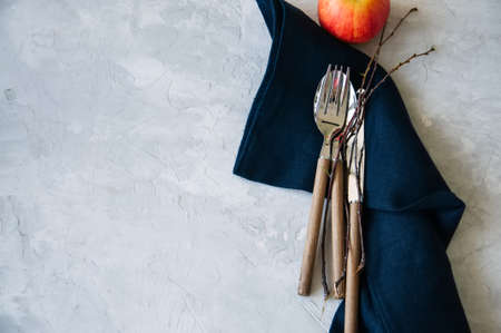White plate, red apple and brunches and blue linen napkin on a wooden background. Autumn, Thanksgiving, Halloween concept.の写真素材
