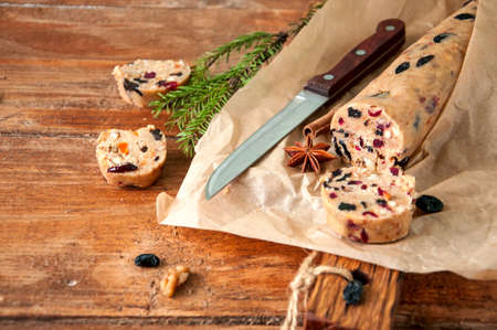 Christmas Cake Cookies Batter on wooden board. Fruit cake cookies dough. Cookies in process. Copy space.の写真素材