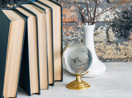 Stack of old books, branches in vase, glass globe, grunge brick backgroundの写真素材