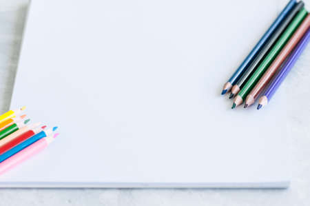 Group of colorful pencils on a white background. Close up and copy space.の写真素材