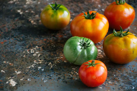 Different sizes and colors of fresh tomatoes on a rusty background. Top view and copy space.の写真素材