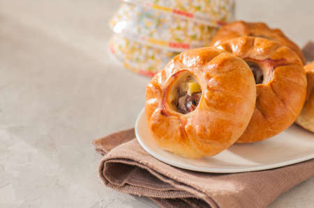 Close up of ndividual pies with meat and potato - vak balish. Tatar traditional pies. の写真素材