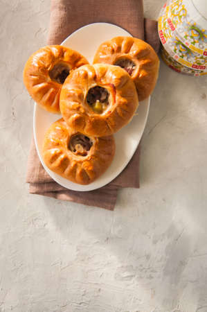 Group of individual pies with meat and potato - vak balish. Tatar traditional pies. Top view.の写真素材