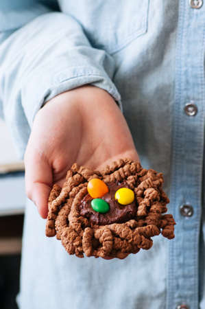 Chocolate bird's nest cookies decorated with colorful candies in a boy's hand.  Copy space.の写真素材