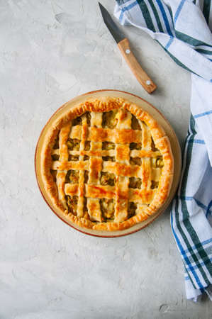 Homemade young cabbage pie from flaky dough  served on a plate. White stone background. Top view.