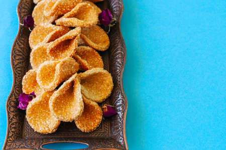 Honey and sesame babouches - popular arabic dessert. Arabic and middle eastern food conceptの写真素材