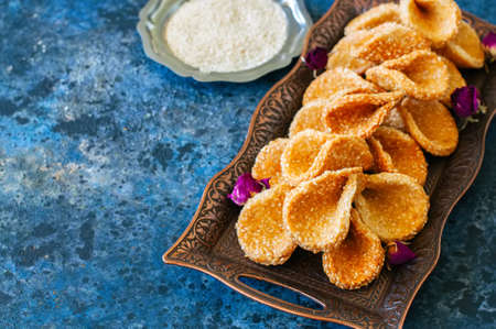 Honey and sesame babouches - popular arabic dessert. Arabic and middle eastern food conceptの写真素材
