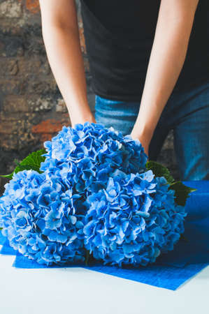 Girl gathering beautiful bouquet of hydragea. Working space. Close up.の写真素材