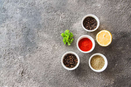 Variety of ground spices in a bowls. Top view. Copy space.の写真素材