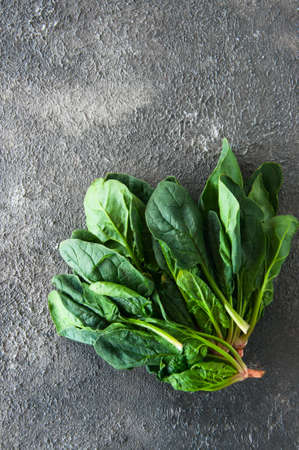 Fresh spinach leaves on a gray background. Top view.の写真素材