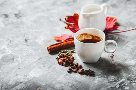 Cup of espresso with milk and spicesの写真素材