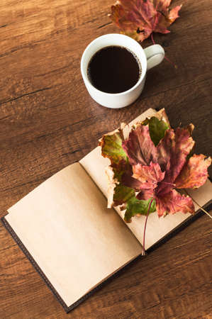 Clean book page cup of coffee and autumn leaves on a wooden background. Top view.