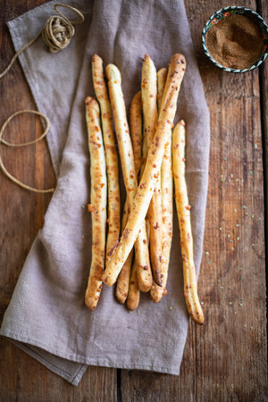 Grissini - Italian bread sticks with dried herbs on a wooden background.の写真素材