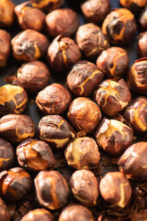 Hazelnuts roasted in an oven. Close up.の写真素材