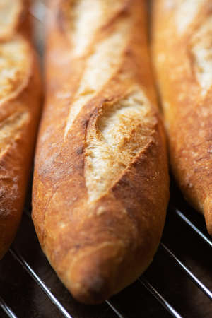 Batch of freshly baked baguettes background. Close up.の写真素材