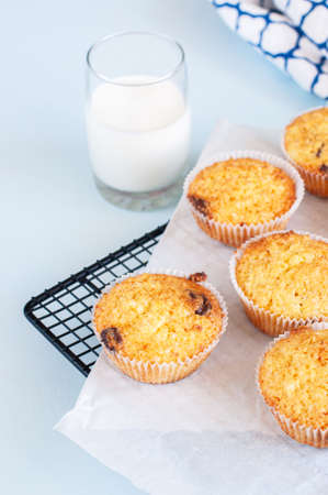 Homemade easy muffins with chocolate chips and glass of milk on cooling rack.の写真素材