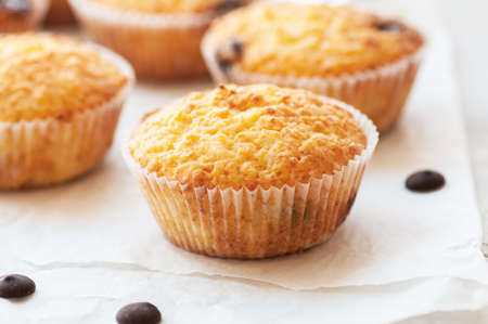 Homemade easy muffins with chocolate chips.の写真素材
