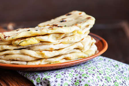 Khychin - traditional flatbreads stuffed with mashed potatoes and greens.の写真素材