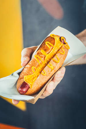 Man suggesting freshly prepared hotdog with cheese in a paper box. Food delivery or take awat food...