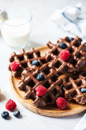 Belgian chocolate waffles, glass of milk on a gray background.の写真素材