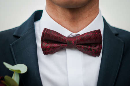 Dark red tiebow on the grooms neckの写真素材