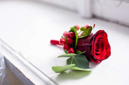 Red rose with green leafs lying on the white background