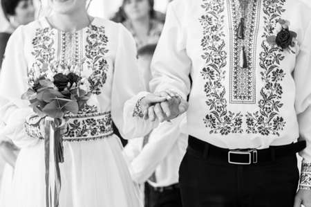 Couple of married holding hands black and whiteの写真素材