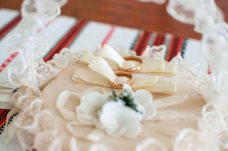 Pair of golden wedding rings in the white basket