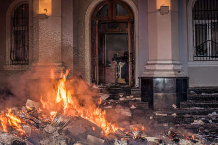 Ternopil, Ukraine - 18.02.2014 - Burning documents lie on a burning pileのeditorial素材
