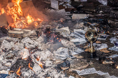 Ternopil, Ukraine - 18.02.2014 - Burning documents lie on a burning pile