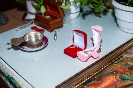 Silver chalice and christian cross in the churchの写真素材