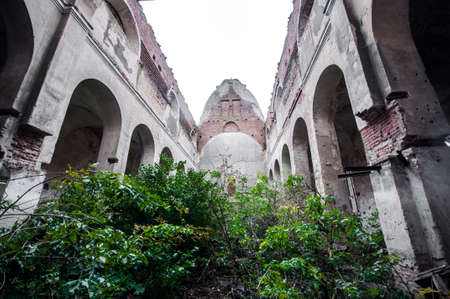 Old abandoned ruined roman catholic church in Velukiy Chodachkiv. Inside churchの写真素材