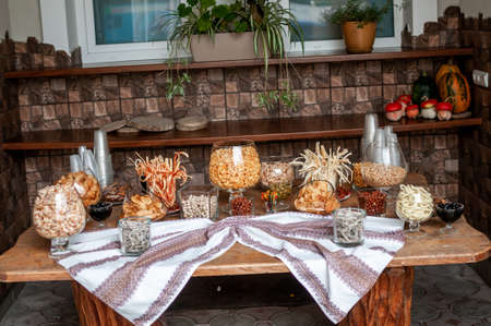 Buffet with different types of snacks and nutsの写真素材
