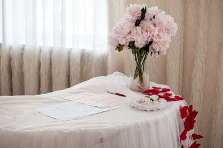Wedding rings on a stand. wedding ceremonyの写真素材