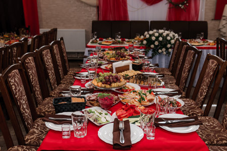 Served table. Plates with food on the table