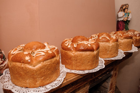 Wedding bread decorated with flowers and leaves with doughの写真素材