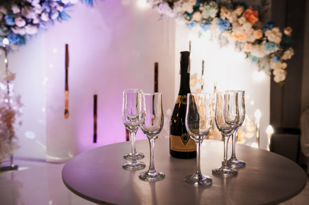 Wine bottle and glasses on the tableの写真素材