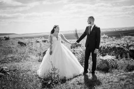 Newlyweds hugging on the background of rocksの写真素材