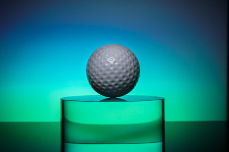 white golf ball on the transparent glass on color backgroundの写真素材
