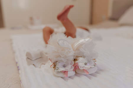 closeup legs of the child on bedの写真素材