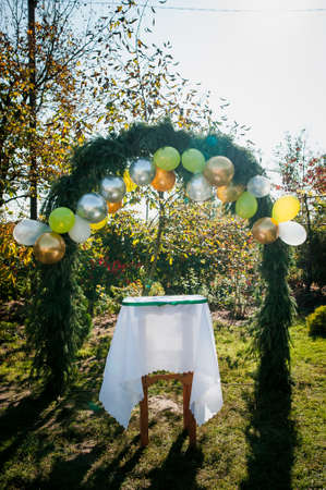Wedding arch made of colorful inflatable balloons. Celebration of a childrens party. arch made with balloonsの写真素材
