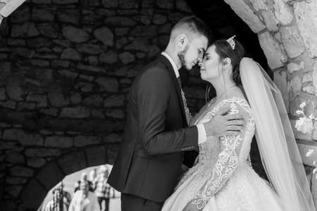 The bride and groom hug and kiss against the backdrop of a stone arch. Weddingの写真素材
