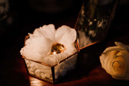 Wedding accessories. Gold wedding rings, grooms boutonniere