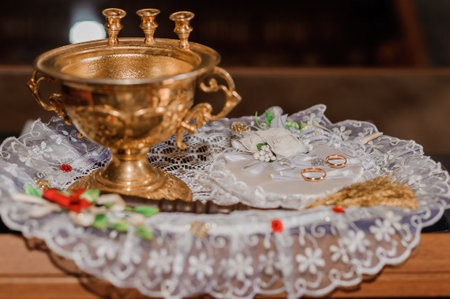 Wedding decoration in the church, candles, blurred backgroundの写真素材