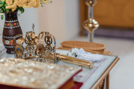 Wedding decoration in the church, candles, blurred backgroundの写真素材